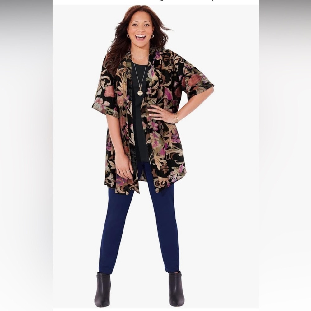 Catherines Black Burnout Velvet Floral Open Front Cardigan Kimono Sleeves 4X/5X
